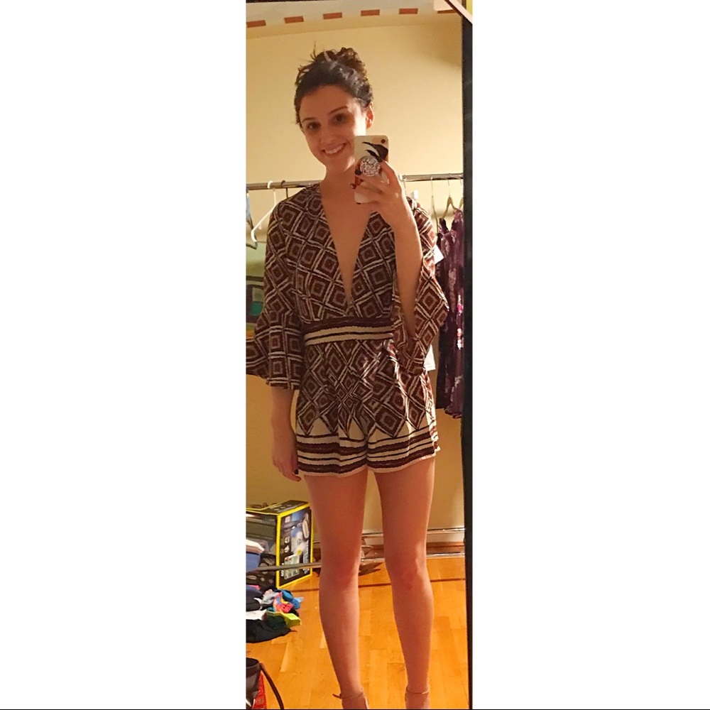 Burgundy and ivory bell sleeve romper